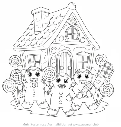 Lebkuchenhaus mit Lebkuchenmännern Ausmalbild