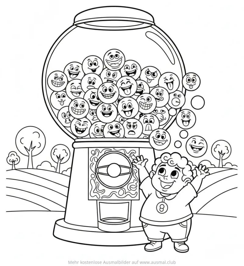 Junge vor Kaugummi-Automaten mit Kaugummis mit Gesichtern Ausmalbild