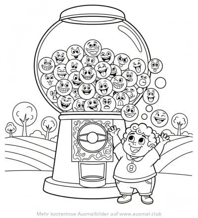 Junge vor Kaugummi-Automaten mit Kaugummis mit Gesichtern Ausmalbild