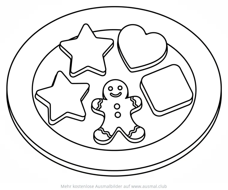 Teller mit Keksen in Stern-, Herz-, Quadrat- und Lebkuchenmann-Form Ausmalbild