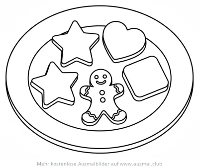 Teller mit Keksen in Stern-, Herz-, Quadrat- und Lebkuchenmann-Form Ausmalbild