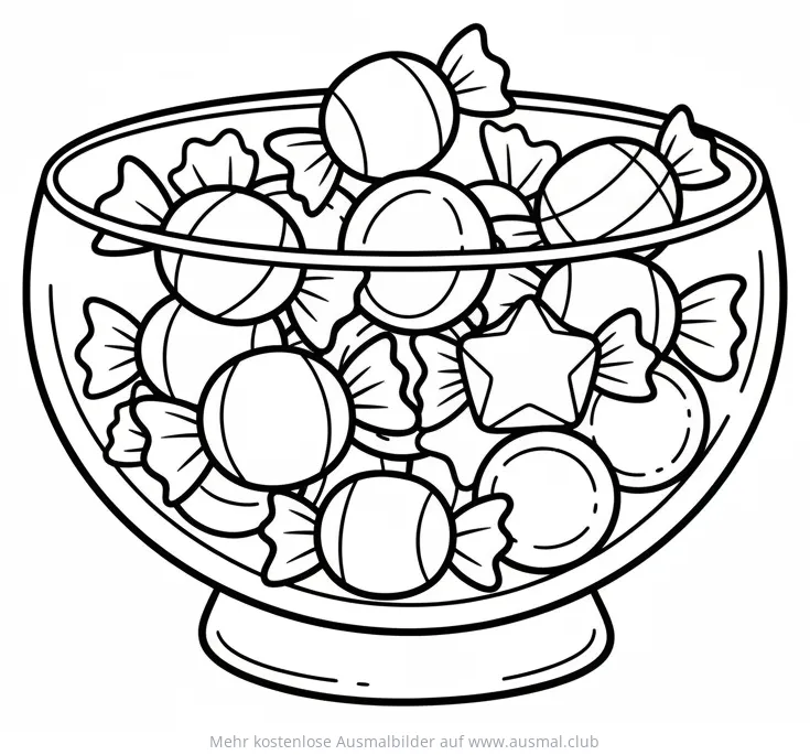 Bonbonschüssel gefüllt mit runden Bonbons und einem Stern-Bonbon Ausmalbild