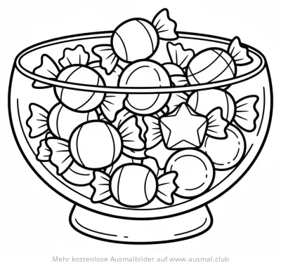 Bonbonschüssel gefüllt mit runden Bonbons und einem Stern-Bonbon Ausmalbild