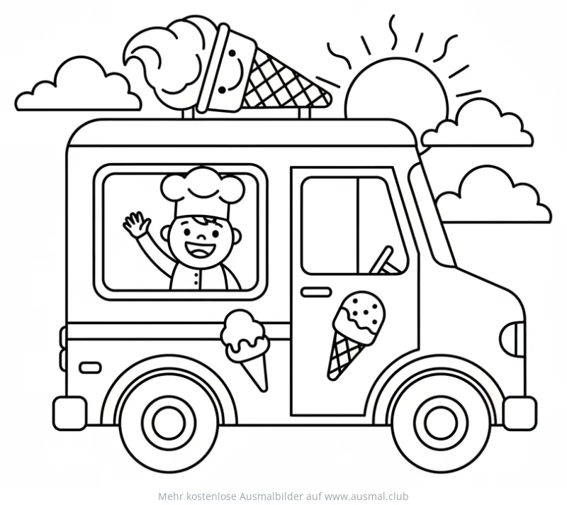 Eiswagen Ausmalbild mit Fahrer und Eiswaffel-Dekoration