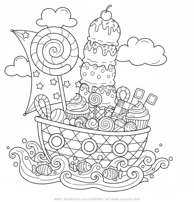 Eisboot mit Süßigkeiten und Eis Ausmalbild