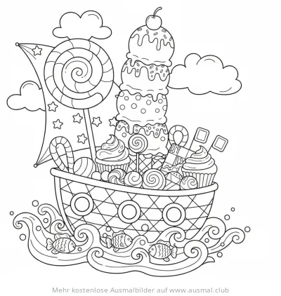 Eisboot mit Süßigkeiten und Eis Ausmalbild