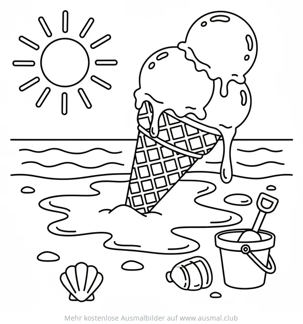 Eis mit Eimer und Schaufel am Strand Ausmalbild