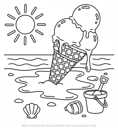 Eis mit Eimer und Schaufel am Strand Ausmalbild