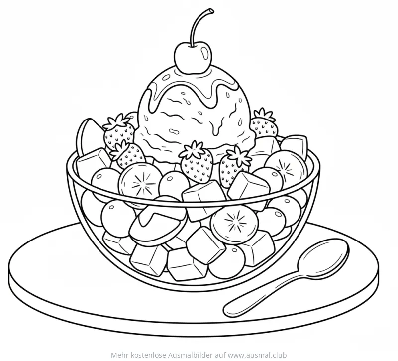 Fruchteis mit Eis und Kirsche in Glasschale Ausmalbild