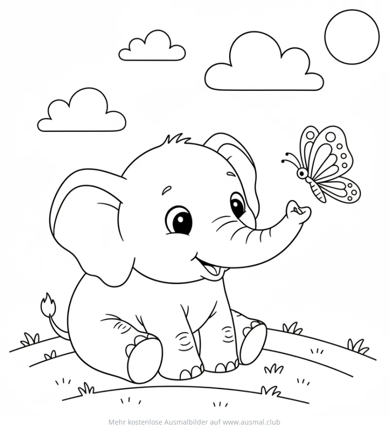 Elefant Baby mit Schmetterling Ausmalbild