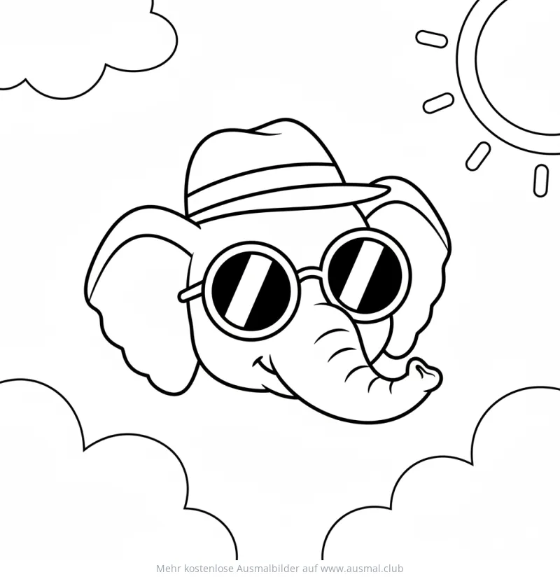 Elefant mit Hut und Sonnenbrille Ausmalbild