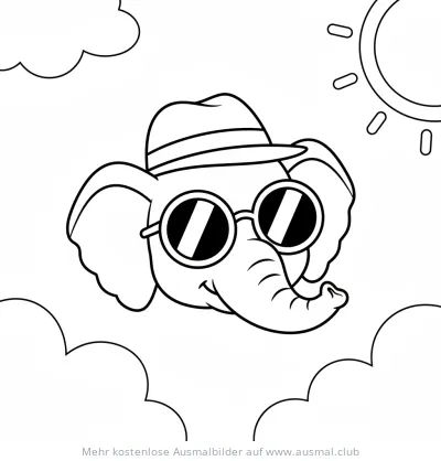 Elefant mit Hut und Sonnenbrille Ausmalbild