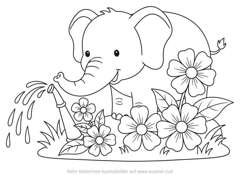 Elefant gießt Blumen Ausmalbild