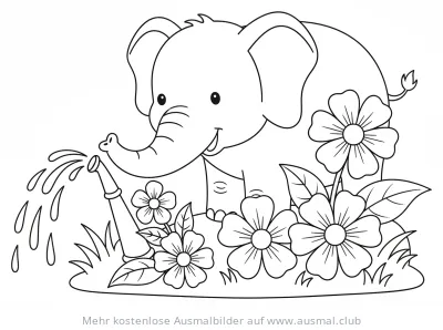 Elefant gießt Blumen Ausmalbild