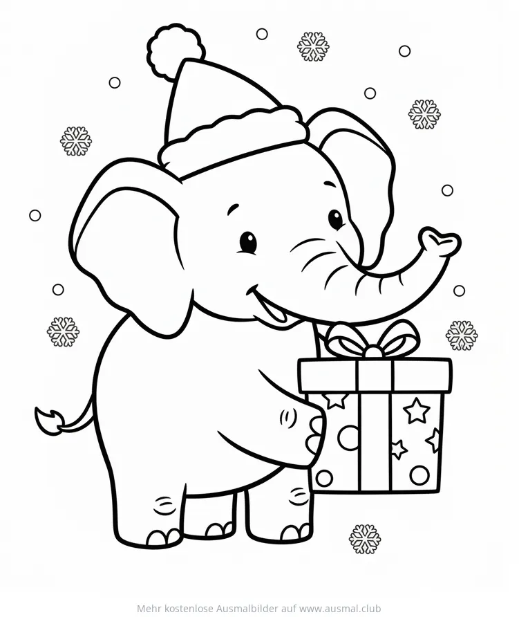 Weihnachtselefant mit Geschenk Ausmalbild