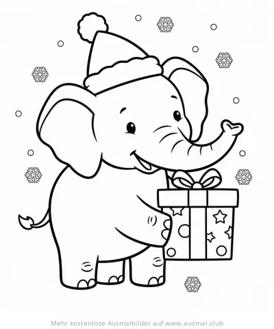Weihnachtselefant mit Geschenk Ausmalbild