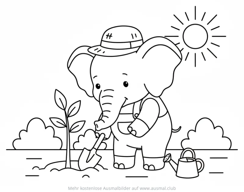 Elefant pflanzt Baum Ausmalbild