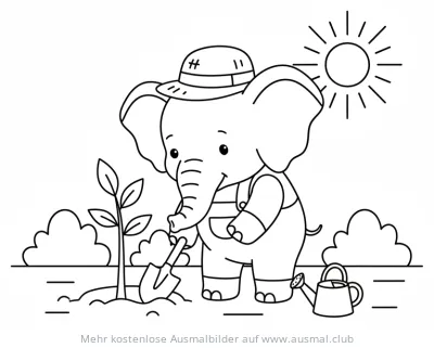 Elefant pflanzt Baum Ausmalbild