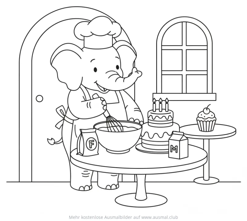 Elefant bäckt Kuchen Ausmalbild