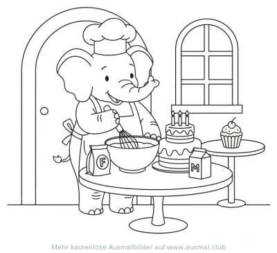 Elefant bäckt Kuchen Ausmalbild
