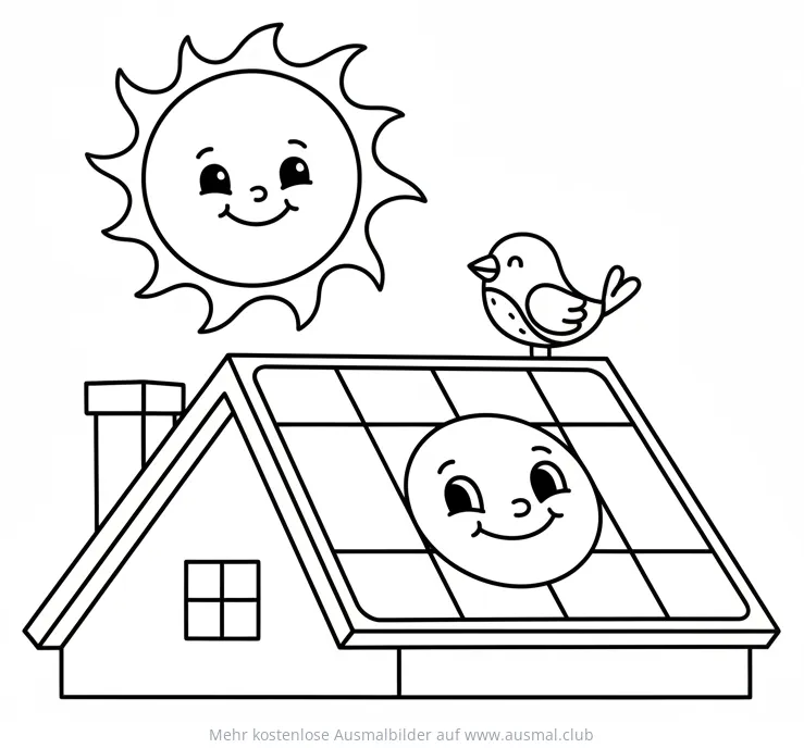 Haus mit Solaranlage, Sonne und Vogel Ausmalbild