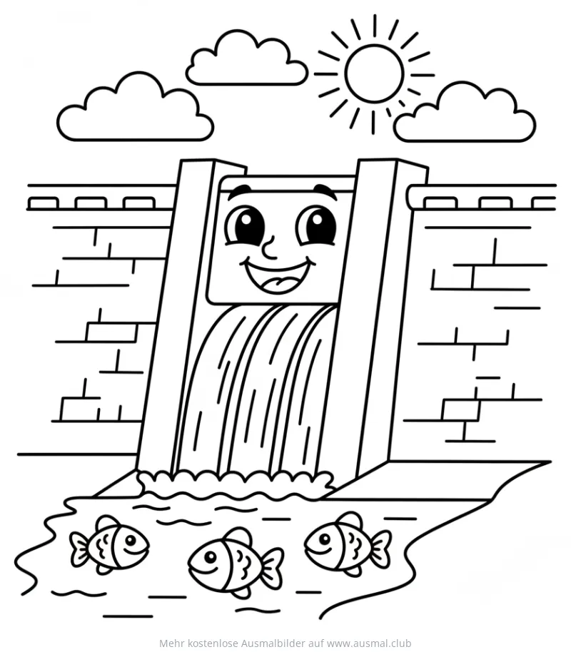 Freundlicher Staudamm mit Fischen Ausmalbild