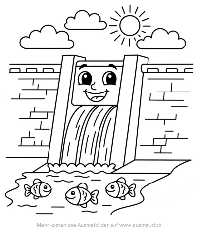 Freundlicher Staudamm mit Fischen Ausmalbild