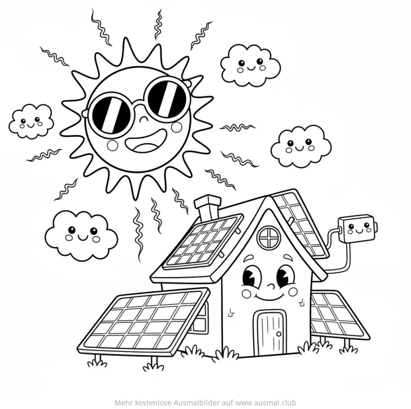 Sonne mit Sonnenbrille und Haus mit Solaranlage Ausmalbild