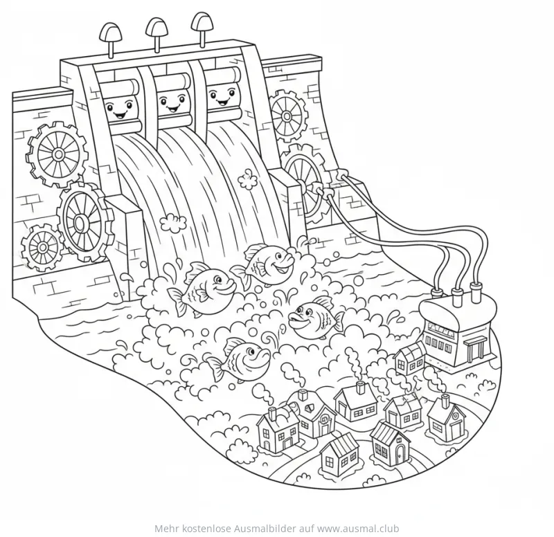 Wasserkraftwerk mit Fischen Ausmalbild