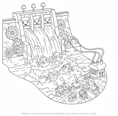 Wasserkraftwerk mit Fischen Ausmalbild