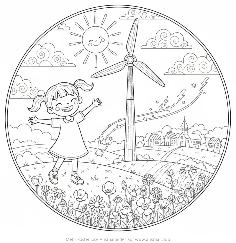 Windrad Ausmalbild mit Mädchen und Sonne