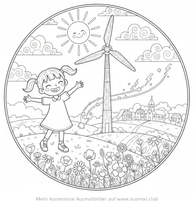Windrad Ausmalbild mit Mädchen und Sonne