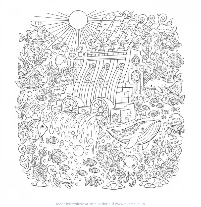 Wasserkraftwerk in Unterwasserwelt Ausmalbild