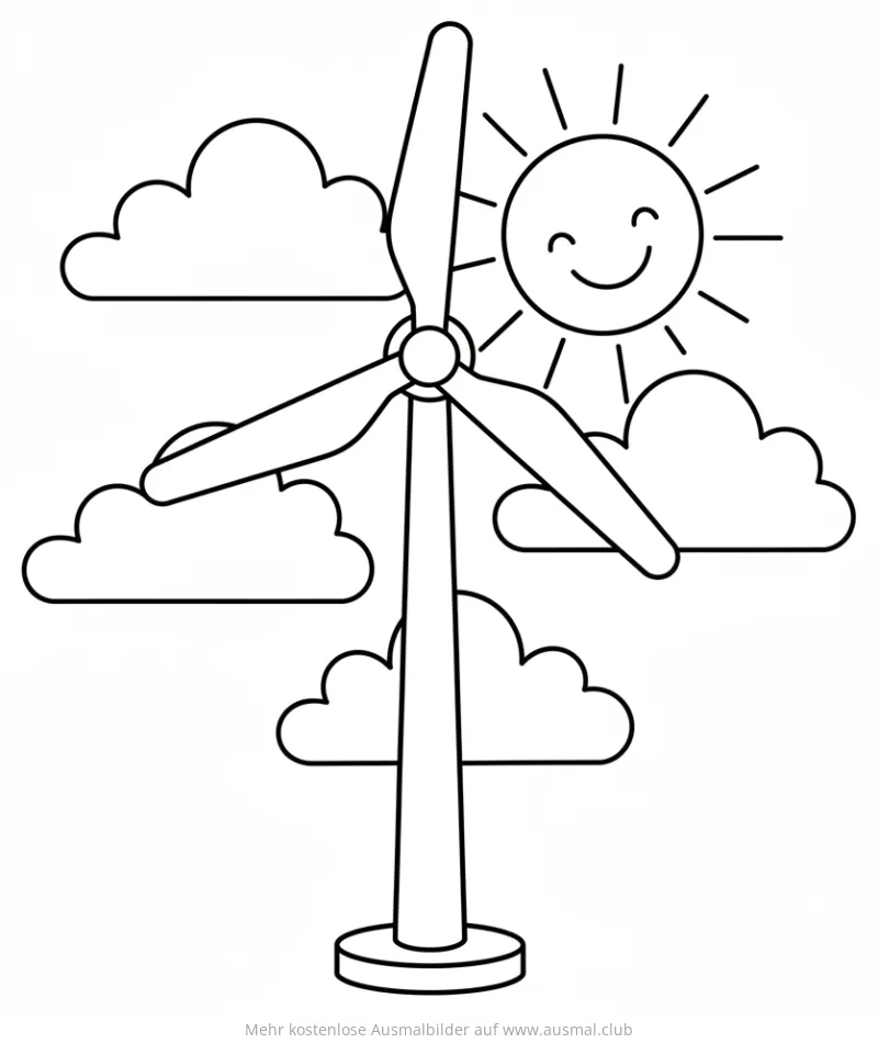 Windrad mit Sonne und Wolken Ausmalbild