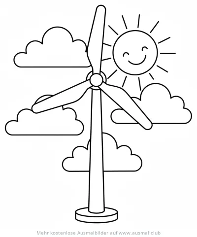 Windrad mit Sonne und Wolken Ausmalbild