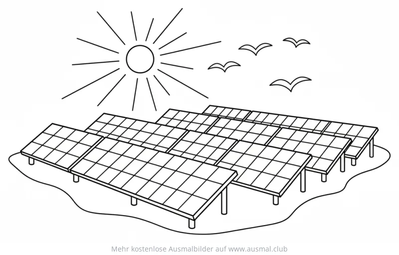 Solarpanel Ausmalbild unter Sonne mit fliegenden Vögeln