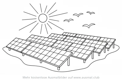Solarpanel Ausmalbild unter Sonne mit fliegenden Vögeln