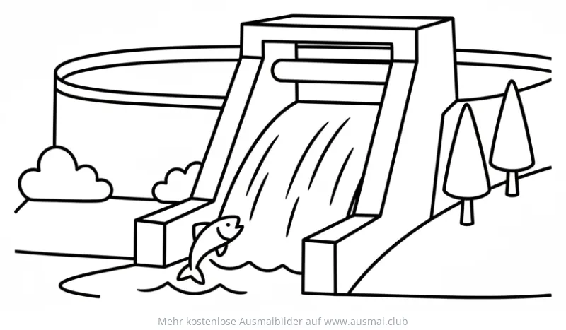 Wasserkraftwerk mit springendem Fisch Ausmalbild