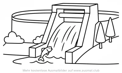 Wasserkraftwerk mit springendem Fisch Ausmalbild