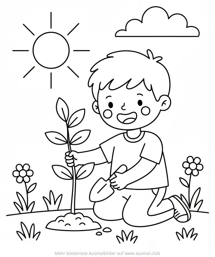 Junge pflanzt Baum Ausmalbild