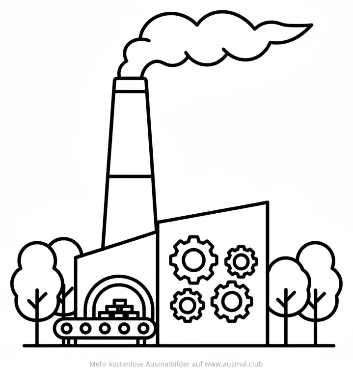 Biomasseanlage mit Schornstein, Zahnrädern und Förderband Ausmalbild