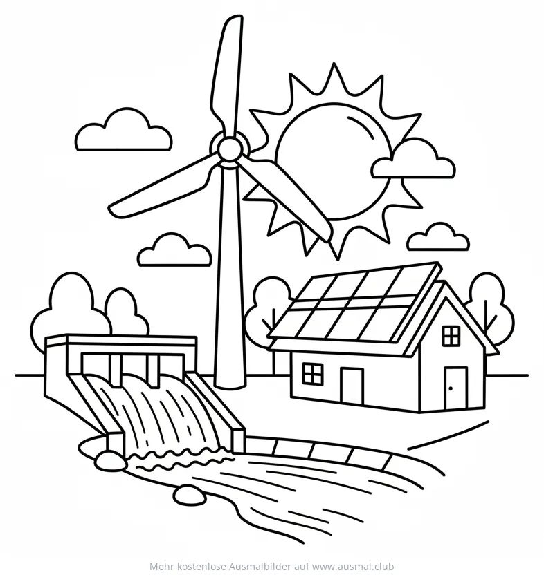 Erneuerbare Energien mit Windrad, Wasserkraftwerk und Solaranlage Ausmalbild