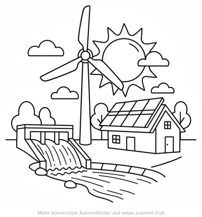 Erneuerbare Energien mit Windrad, Wasserkraftwerk und Solaranlage Ausmalbild