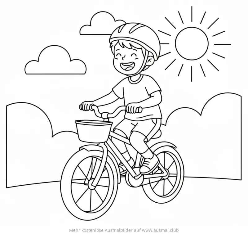 Junge mit Helm auf Fahrrad Ausmalbild