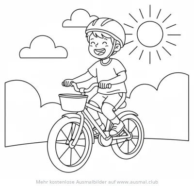 Junge mit Helm auf Fahrrad Ausmalbild