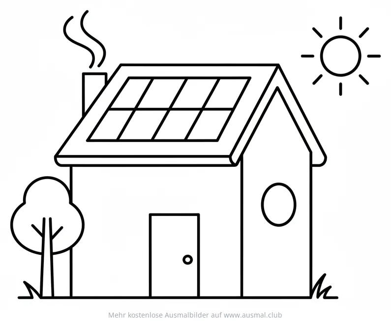 Solarhaus mit Solaranlage und Sonne Ausmalbild