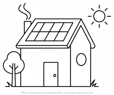 Solarhaus mit Solaranlage und Sonne Ausmalbild