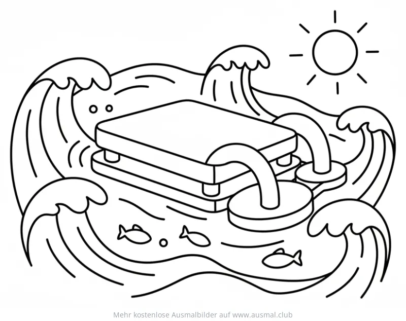 Wellenenergie-Anlage im Meer mit Fischen Ausmalbild