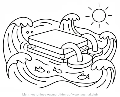 Wellenenergie-Anlage im Meer mit Fischen Ausmalbild