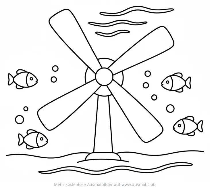 Gezeitenkraftanlage im Meer mit Fischen Ausmalbild
